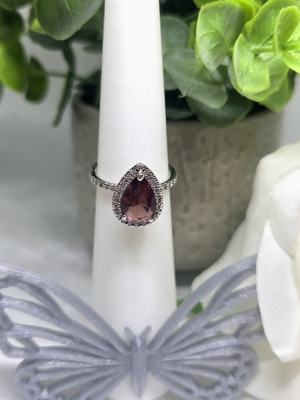 BP Plum Teardrop CZ Halo Ring On Rhodium Plating